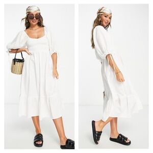 Cotton Balloon Sleeve Maxi Midi Boho Shirred Square Neckline Summer Ruffle Dress